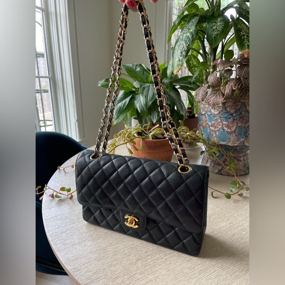 New, purchased 12/12/22, Double Flap Caviar Medium Bag Gold
